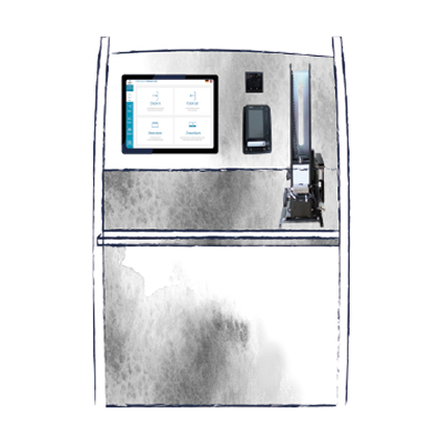 Die Illustration veranschaulicht, dass die einzelnen Komponenten Display, Kartenencoder, Kartendispencer und Zahlunsterminal individuell in ein Möbelstück verbaut werden kann.