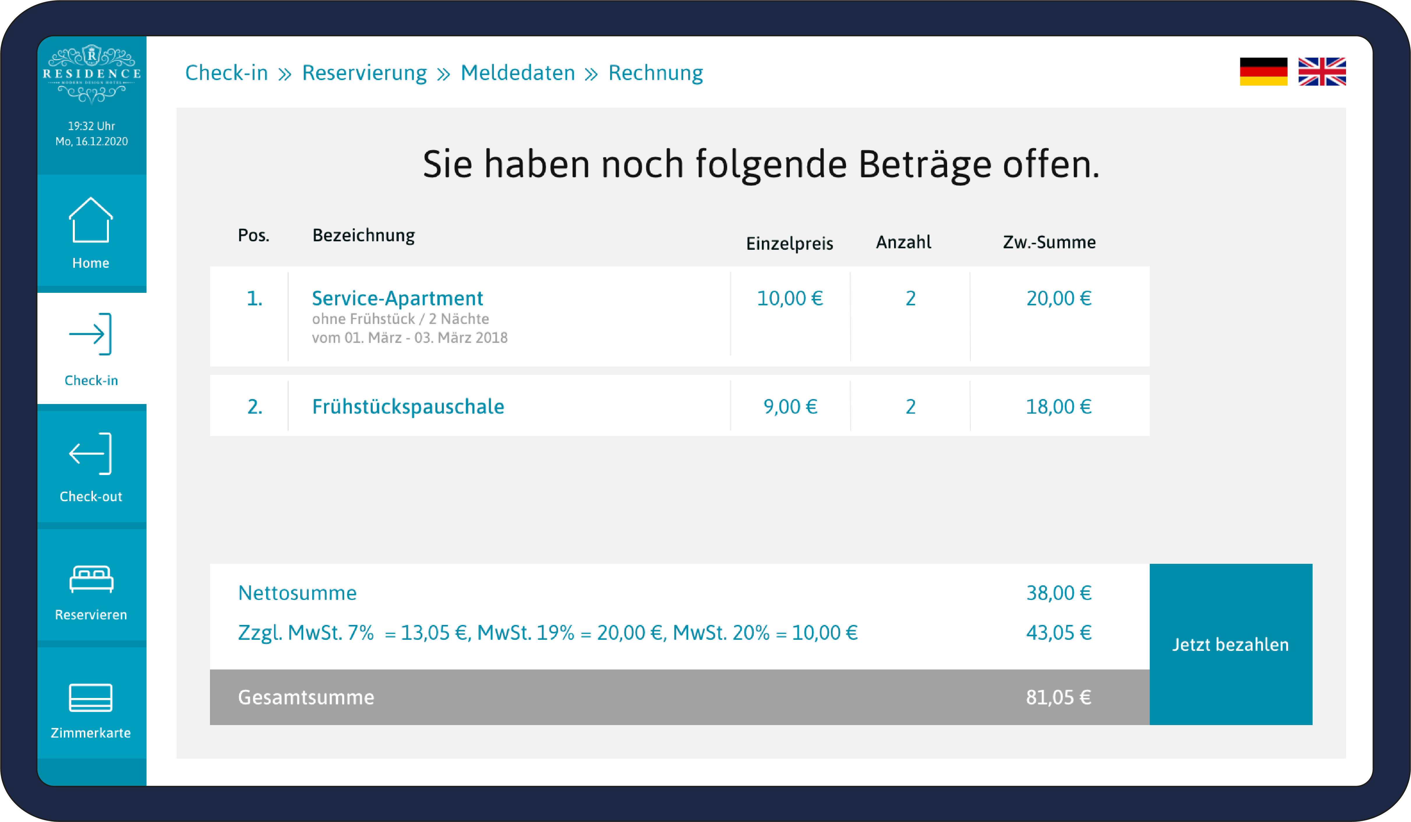 Anleitung für die Check-in Station Rechnung begleichen